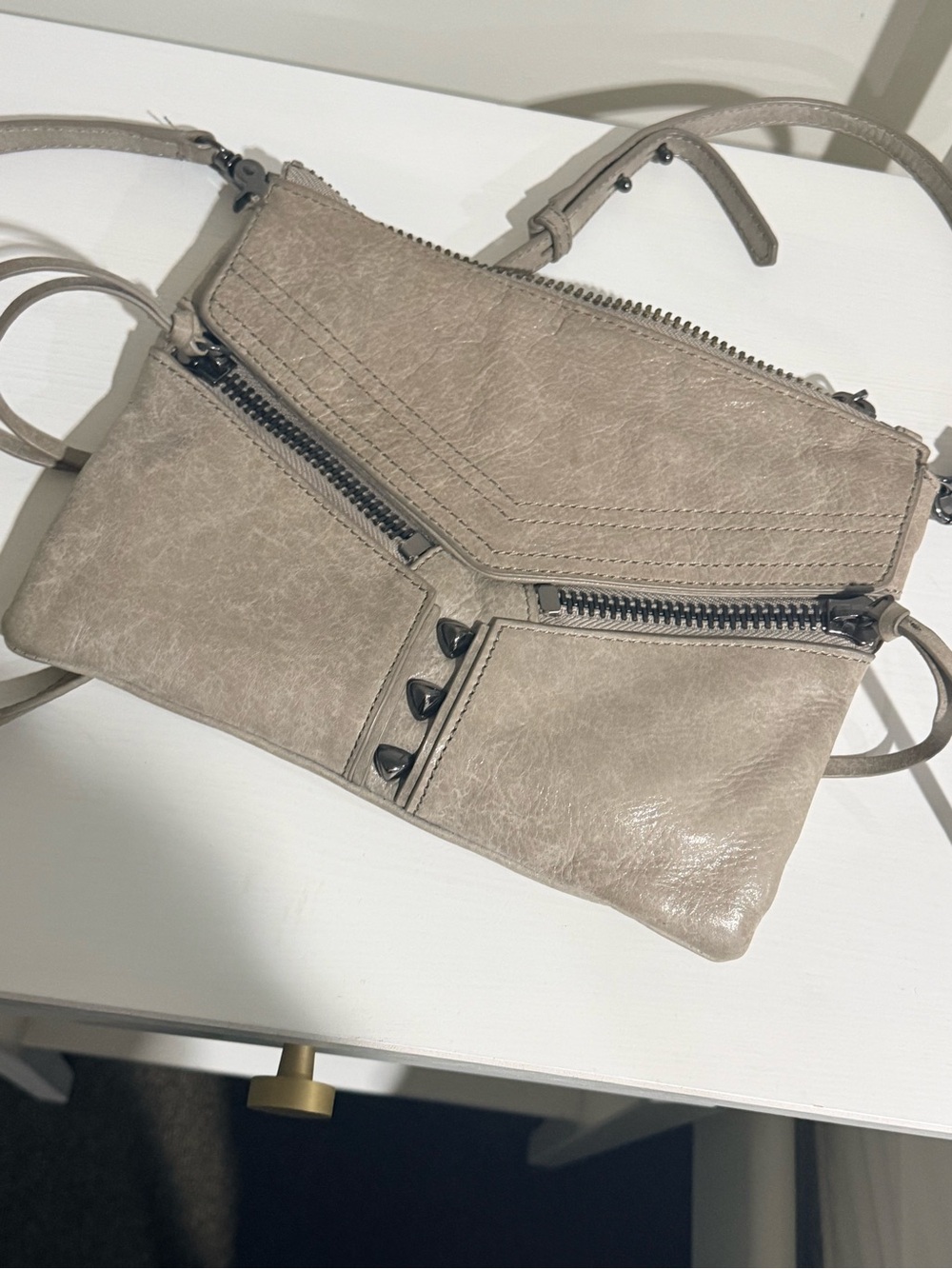 Botkier Taupe Leather Zip-Front Crossbody with Stud Accents